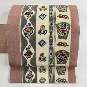 名古屋帯 名品 扇面 花 縮緬 赤紫 正絹 【中古】