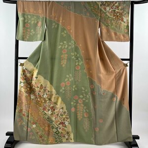 訪問着 身丈164.5cm 裄丈65.5cm M 袷 松井青々 落款 菊 梅 金糸 金銀彩 抹茶色 正絹 逸品 【中古】