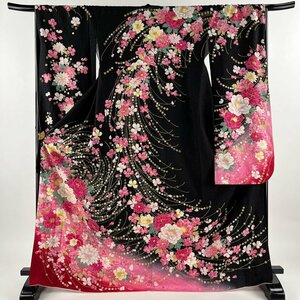 振袖 身丈169cm 裄丈68cm L 袷 牡丹 草花 銀通し 金彩 黒 正絹 美品 逸品 【中古】