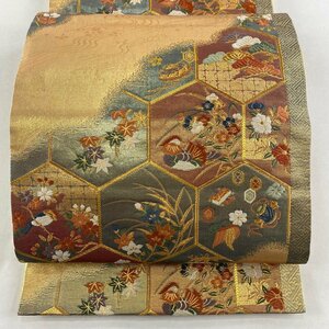 袋帯 美品 秀品 草花 鴛鴦 唐織 箔 金色 六通 正絹 【中古】