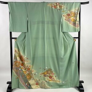 【在庫一掃】 訪問着 身丈168.5cm 裄丈68.5cm L 袷 松井青々 落款 華文 菊 金銀彩 ぼかし 薄緑 正絹 逸品 【中古】