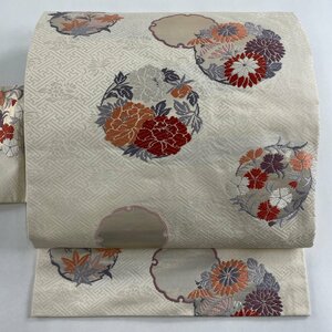 名古屋帯 美品 優品 雪輪 花丸文 箔 唐織 クリーム 正絹 【中古】