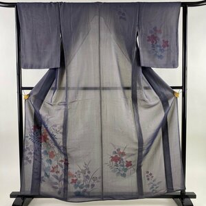 付下げ 身丈161.5cm 裄丈63.5cm S 紗絽袷 草花 銀彩 紫 正絹 美品 名品 【中古】