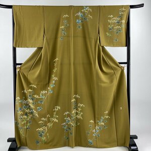 付下げ 身丈168.5cm 裄丈67cm M 袷 落款 草花 茶緑色 正絹 名品 【中古】