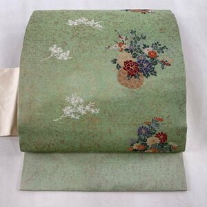 名古屋帯 優品 花籠 楓 箔 金糸 よもぎ色 正絹 【中古】