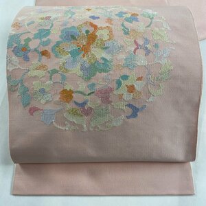 名古屋帯 美品 秀品 八寸名古屋帯 華紋 金銀糸 薄ピンク 正絹 【中古】