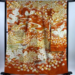 振袖 身丈160.5cm 裄丈63.5cm S 袷 菊 松竹梅 金糸 金彩 オレンジ 正絹 秀品 【中古】