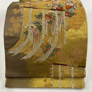 袋帯 美品 秀品 几帳 花鳥 金銀糸 箔 金色 六通 正絹 【中古】