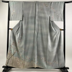 訪問着 身丈159cm 裄丈64.5cm M 袷 落款 桜 ぼかし 灰緑 正絹 名品 一つ紋 【中古】