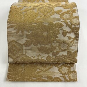 袋帯 名品 菊 枝梅 金糸 山吹茶色 六通 正絹 【中古】