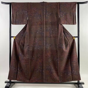 小紋 身丈154cm 裄丈62cm S 袷 草花 茶紫 正絹 美品 優品 【中古】