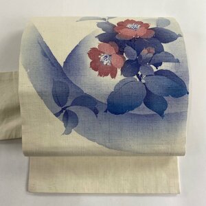 名古屋帯 優品 落款 紬地 草花 ベージュ 正絹 【中古】