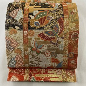 袋帯 美品 秀品 蝶 扇 金糸 刺繍 金色 六通 正絹 【中古】