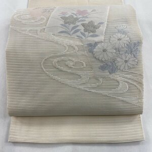 名古屋帯 美品 秀品 夏帯 絽 八寸名古屋帯 秋草 流水 銀糸 クリーム 正絹 【中古】