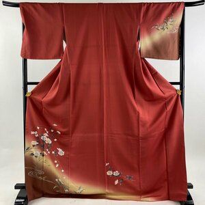 付下げ 身丈174.5cm 裄丈67cm M 袷 草花 流水 金銀彩 ぼかし 茜色 正絹 優品 【中古】