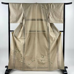 訪問着 身丈166.5cm 裄丈65.5cm M 単衣 紬地 枝花 ぼかし 薄茶色 正絹 秀品 【中古】