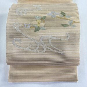 名古屋帯 秀品 夏帯 八寸名古屋帯 松葉仕立て 絽 草花 流水 金糸 箔 ベージュ 正絹 【中古】