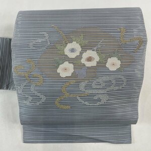 名古屋帯 美品 秀品 夏帯 絽 草花 流水 金銀糸 灰色 正絹 【中古】