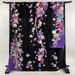 振袖 身丈169cm 裄丈70.5cm L 袷 薔薇 草花 金銀彩 箔 黒 正絹 美品 名品 【中古】