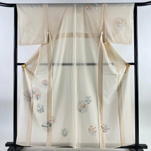 付下げ 身丈161cm 裄丈63.5cm S 薄物 絽 草花 有職文様 銀彩 薄オレンジ 正絹 美品 秀品 【中古】