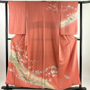 訪問着 身丈157cm 裄丈62cm S 袷 扇 枝花 金彩 ぼかし ピンク 正絹 優品 【中古】