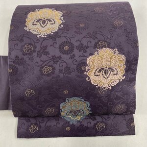 名古屋帯 美品 秀品 桐 花唐草 箔 紫 正絹 【中古】