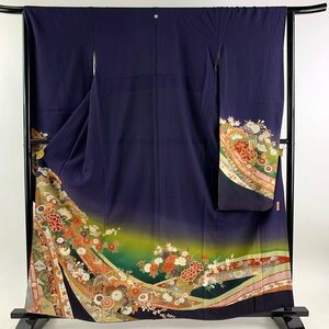 振袖 身丈160cm 裄丈65cm M 袷 牡丹 松 金彩 ぼかし 濃紫 正絹 秀品 一つ紋 【中古】