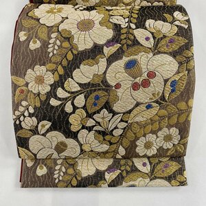 袋帯 美品 秀品 椿 草花 金糸 箔 金色 六通 正絹 【中古】