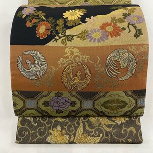 袋帯 美品 秀品 鳥 草花 金銀糸 箔 茶緑色 六通 正絹 【中古】