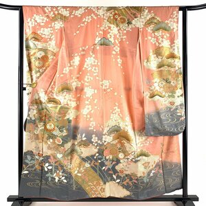 振袖 身丈155cm 裄丈62cm S 袷 扇面 草花 金糸 金彩 ピンク 正絹 名品 【中古】