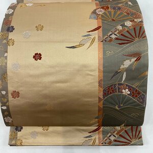 袋帯 美品 秀品 片輪車 葉柄 金糸 唐織 ベージュ 全通 正絹 【中古】