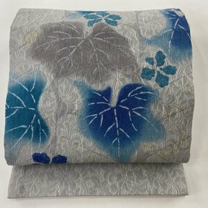 袋帯 美品 名品 花唐草 幾何学模様 金銀彩 灰色 お太鼓柄 正絹 【中古】