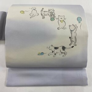 名古屋帯 逸品 猫 風船 ぼかし 薄紫 正絹 【中古】