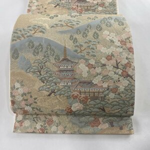 袋帯 秀品 風景 建物 金銀糸 箔 金色 六通 正絹 【中古】