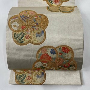 袋帯 美品 秀品 ねじ梅 草花 金糸 箔 灰茶 六通 正絹 【中古】