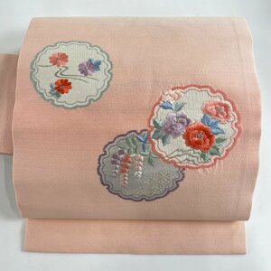 名古屋帯 優品 草花 雪輪 銀糸 刺繍 ピンク 正絹 【中古】