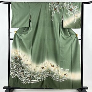 訪問着 身丈160.5cm 裄丈63cm S 袷 桜 草花 絞り 金銀彩 灰緑 正絹 美品 秀品 【中古】