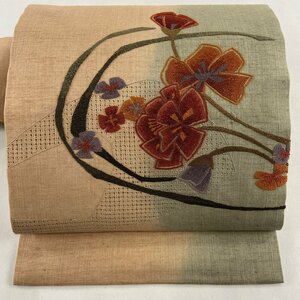 名古屋帯 美品 秀品 紬地 草花 相良刺繍 刺繍 薄茶色 正絹 【中古】