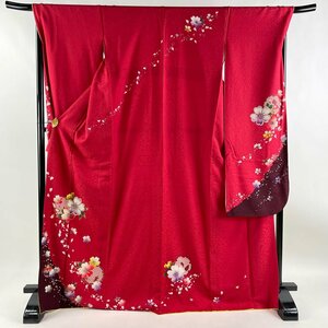 振袖 身丈172cm 裄丈69cm L 袷 桜 雪輪 金銀彩 染め分け 赤 正絹 美品 名品 【中古】