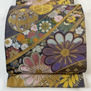 袋帯 美品 名品 全通袋帯 鞠 草花 金銀糸 箔 灰紫 全通 正絹 【中古】