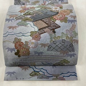 袋帯 逸品 建物 草花 刺繍 ぼかし 灰紫 全通 正絹 【中古】