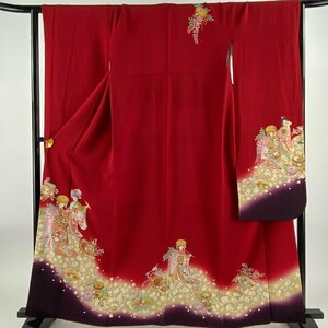  long-sleeved kimono length 161.5cm sleeve length 65cm M. person . flower gold silver ... red silk name goods [ used ]