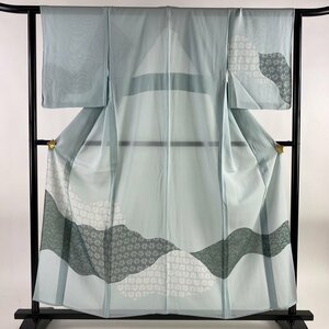 訪問着 身丈155cm 裄丈63.5cm S 薄物 絽 花 水色 正絹 秀品 一つ紋 【中古】