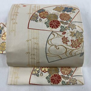 名古屋帯 美品 優品 草花 扇 箔 ベージュ 正絹 【中古】