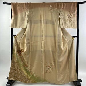 訪問着 身丈162.5cm 裄丈67.5cm L 袷 やまと 扇 枝垂れ桜 金糸 金彩 薄オレンジ 正絹 美品 秀品 【中古】