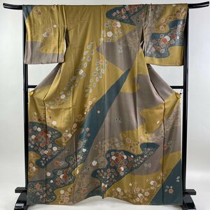 訪問着 身丈165.5cm 裄丈67cm M 袷 菊 桜 金彩 絞り 薄小豆 正絹 美品 秀品 【中古】