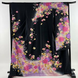 振袖 身丈168cm 裄丈65.5cm M 袷 草花 箔 ぼかし 黒 正絹 逸品 【中古】