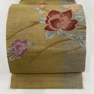 名古屋帯 美品 秀品 紬地 枝花 相良刺繍 茶緑色 正絹 【中古】