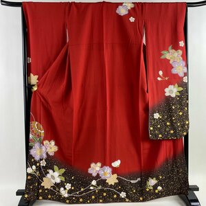 振袖 身丈167cm 裄丈66.5cm M 袷 桜 鞠 金彩 ぼかし 赤 正絹 美品 名品 【中古】