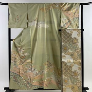 訪問着 身丈159.5cm 裄丈65.5cm M 袷 袋帯セット 蔓帯 草花 金糸 金彩 灰緑 正絹 美品 秀品 【中古】